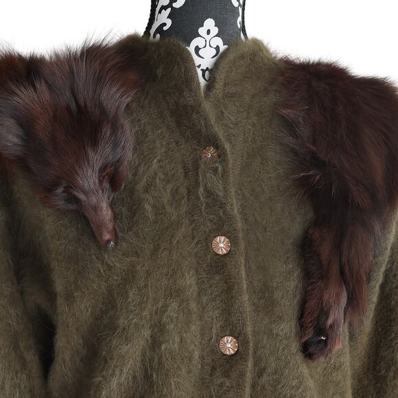 Women's Vintage Green Angora Rabbit Sweater W/ Imitation Fox - M - Picture 5 of 11